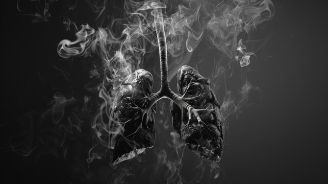 Smokers lungs covered in smoke, suspended from a chain against a dark background