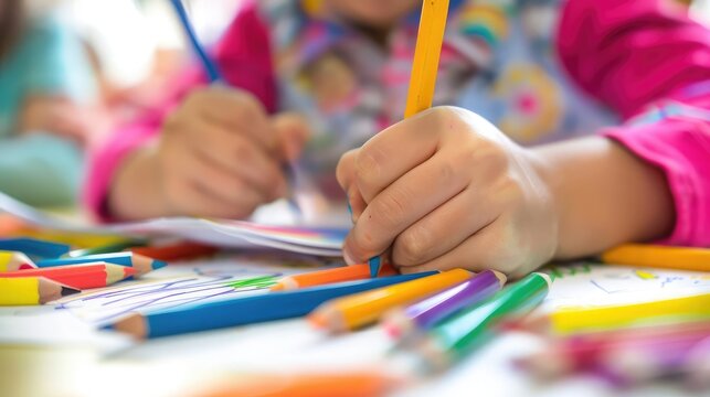 Children creatively drawing with colorful crayons and pencils in a vibrant school art class, showcasing youthful creativity and learning