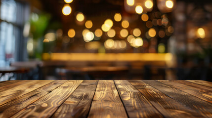 This inviting image shows a warm, blurry background of a cafe or restaurant with multiple wooden tables - obrazy, fototapety, plakaty