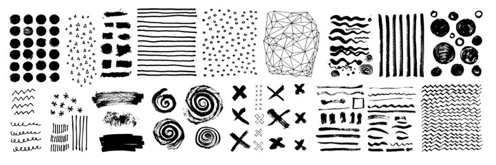 Grungy vector hand-drawn brushstroke textures on transparent background. Lines, circles, crosses, smears, dots spirals, waves, brush strokes, waves triangles and lattice. Hand drawn elements set