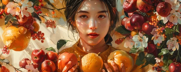 Fotobehang the mythical fruit Capture their expressions of wonder and rejuvenation as they interact with the fruit, hinting at its magical properties of eternal youth © PTC_KICKCAT