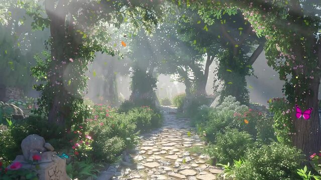 magical fantasy background. a highly detailed render of an enchanted garden. seamless looping overlay 4k virtual video animation background