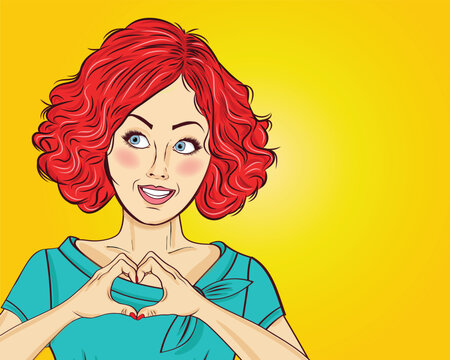 Pop art woman making heart sign with hands. Comic woman . Pin up girl.