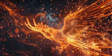 The digital phoenix of banking rises from the  ashes symbolizing on fiery background Phoenix bird rising from ashes 3D illustration fiery rebirth mythical firebird vibrant flames immortal legend     - obrazy, fototapety, plakaty