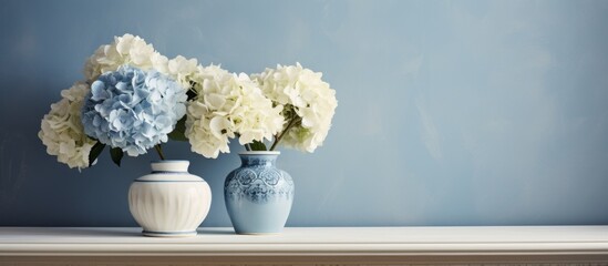 A wooden table holds two decorative vases filled with beautiful flowers in bloom