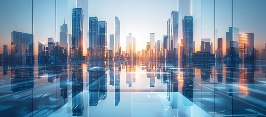Deurstickers Abstract cityscape background with glass buildings and skyscrapers in blue tones, modern architecture concept with reflection on the floor, blurred business center on the horizon, for graphic design,  © Da