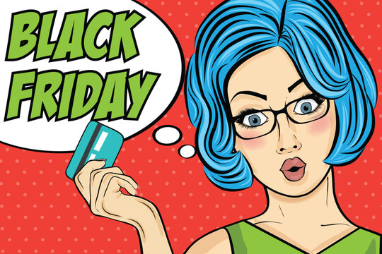 Black friday banner with pin-up girl. Retro style.