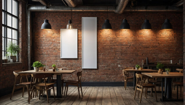 Front view of blank white menu frame on brick wall with lamp in loft cafe interior, 3d mockup rendering. AI generated