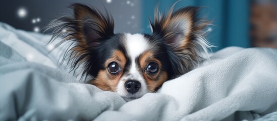 A pampered dog comfortably lays on a soft bed covered with a cozy blanket