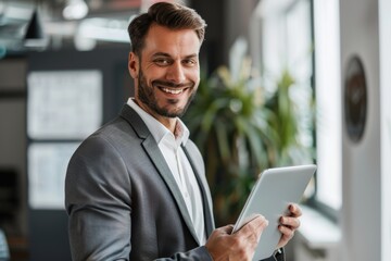 Fototapeta premium Portrait of successful handsome business man using digital tablet in office, Generative AI