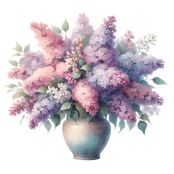 Watercolor, bouquet of lilacs in a beautiful vase isolated on PNG background. Generative AI.