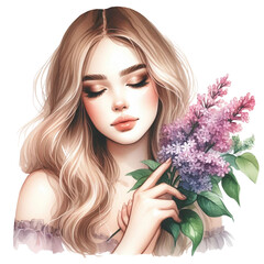 Watercolor, beautiful young girl holding sprig of lilac in her hands isolated on PNG background. Generative AI. - obrazy, fototapety, plakaty