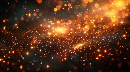 The abstract design features luminous particles like sparkling gold dust, creating an enchanting and magical atmosphere.