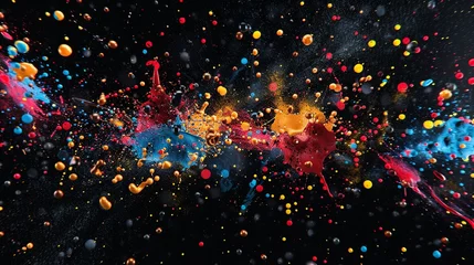 Fotobehang colorful splashes of paint, with colorful droplets flying through the air, creating a dynamic and vibrant work of art on a black background. © Riz