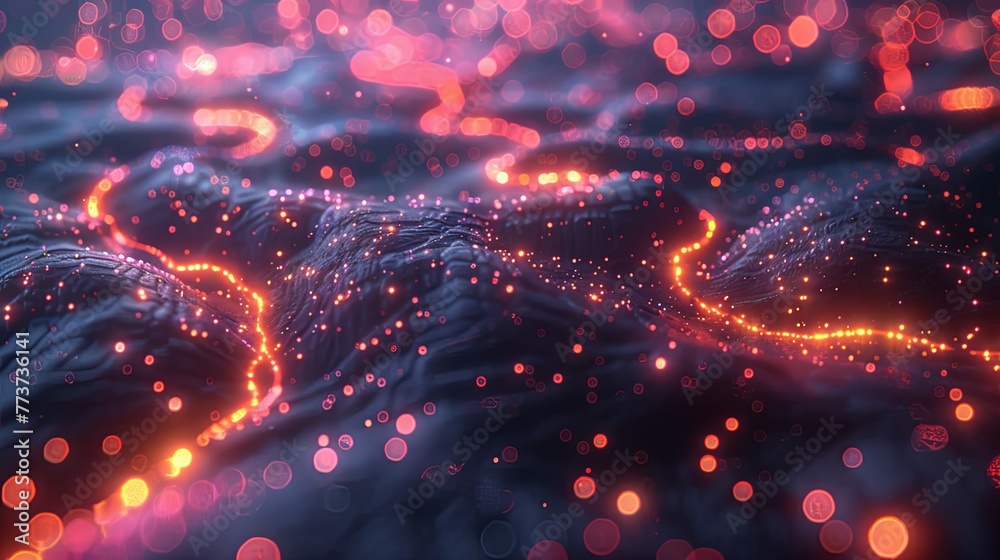 Aufkleber A calming image featuring a network of particles with glowing pink dots, elegantly scattered over a blue background, depicts balance and beauty in digital technology.