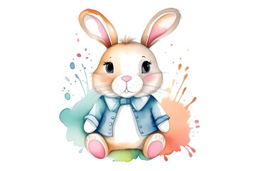 Rabbit in watercolor paints in a T-shirt on a white background