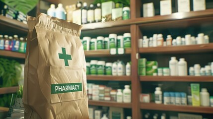 Close-up of a brown paper pharmacy bag with a green cross and the word "PHARMACY" on it, with a blurred background of pharmacy shelves stocked with products.
