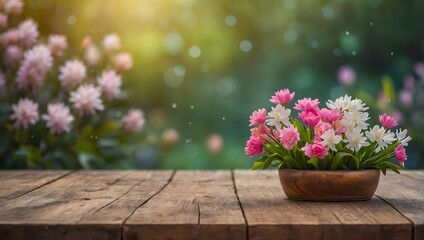 Beautiful spring flowers with empty wood table and copy space