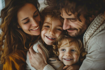 A woman and a man hug a baby.  The family is happy and enjoying each other's company - obrazy, fototapety, plakaty