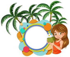Fototapeta na wymiar Vector illustration of girl with drink by palm trees.