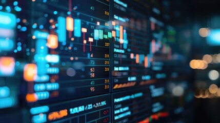 Close-up of a digital screen displaying financial stock market data with graphs and analytics, illustrating market trends and investment analysis. - obrazy, fototapety, plakaty