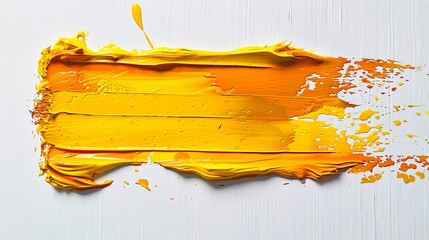 Bright yellow acrylic paint streaks across a white canvas with artistic splatter, creating a sunny and optimistic artwork with a playful sense of movement. - obrazy, fototapety, plakaty