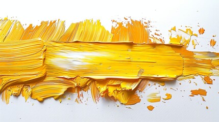 Bright yellow acrylic paint streaks across a white canvas with artistic splatter, creating a sunny and optimistic artwork with a playful sense of movement. - obrazy, fototapety, plakaty