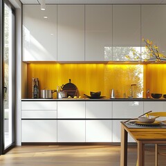 a modern kitchen interior, featuring bold yellow accents that stand out against sleek, contemporary finishes and creating a warm, inviting atmosphere.
