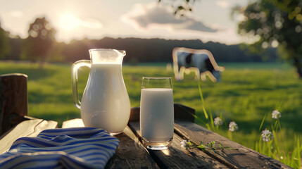 A pitcher and a glass of milk on a wooden table with a cow in the background during sunrise. - obrazy, fototapety, plakaty