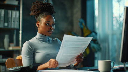 A professional is scrutinizing documents at her well-organized work station.