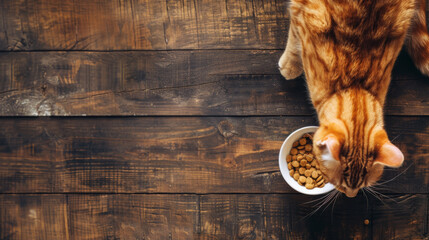 A ginger cat eats from a bowl on a textured wooden surface.