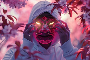 a person in a white hoodie holding up a glowing mask - obrazy, fototapety, plakaty