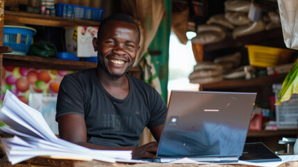 A cheerful entrepreneur works on a laptop in a small business setting. - obrazy, fototapety, plakaty