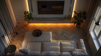 Cozy Beige Living Room Corner: A Comfortable Space Featuring a TV and Couch in a Top View Perspective