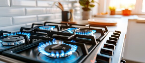 Gas burning blue flames, Closeup of modern gas stove on kitchen - obrazy, fototapety, plakaty