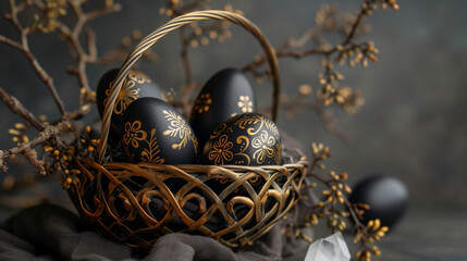 Easter eggs gothic, black easter eggs painted in gold ornaments, black branches and black flowers