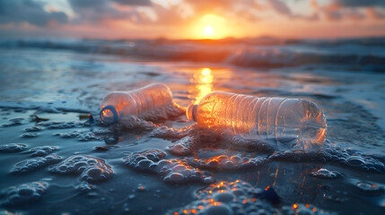 A message to save water and prevent harm to aquatic life by properly disposing of trash and plastic bottles at the beach.