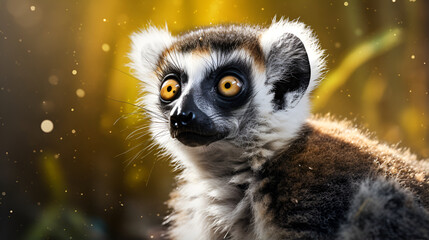 Fototapeta premium lemur with its huge eyes gazing at the moonrise Mysterious Discovery Serene gold coloured background 
