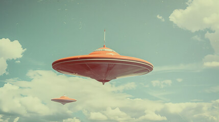 Retro vintage color photograph news style 1960s sci-fi science fiction alien UFO flying saucer journalistic hoax conspiracy theory concepts