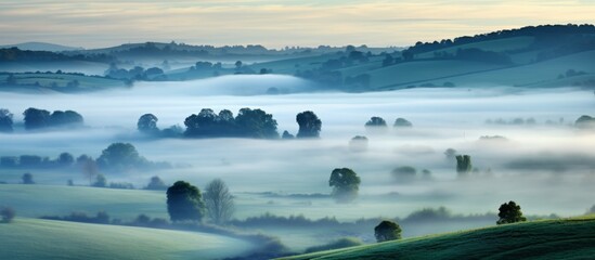 The serene atmosphere of a mist-covered valley, surrounded by lush trees and gentle hills in the distance