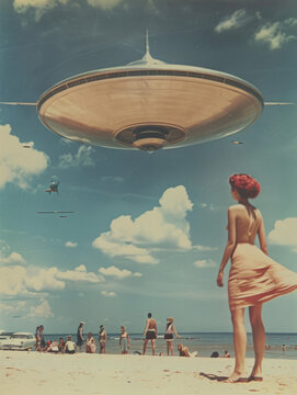 1960s 1950s retro vintage color photo photographic journalism style image of people on a beach looking up at a large UFO flying saucer