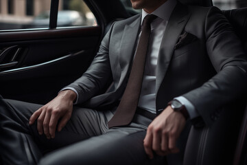 A man dressed in a very elegant suit is sitting in the back of a luxury vehicle..png