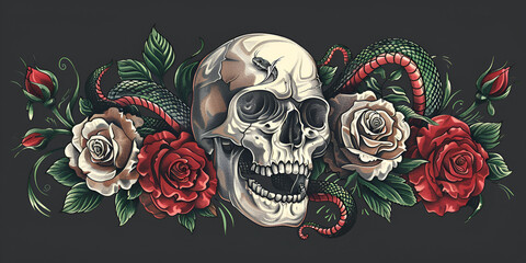Skull roses and snake isolated on a white background.. generative ai - obrazy, fototapety, plakaty