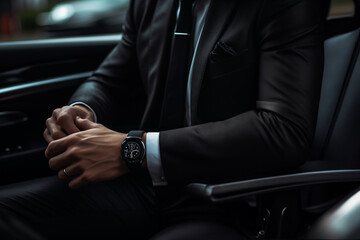 A male driver dressed in a very elegant suit is next to a luxury vehicle waiting for his client. - obrazy, fototapety, plakaty
