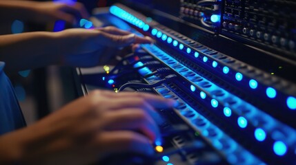 close-up of a person's hands working on a server or network equipment in a data center with blue...