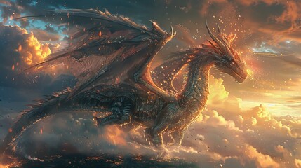 Create an enchanting fantasy image featuring a majestic dragon - obrazy, fototapety, plakaty