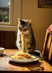 cat eating breakfast