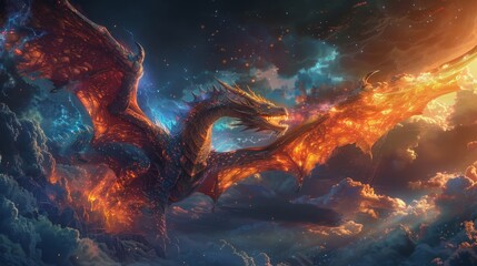 Create an enchanting fantasy image featuring a majestic dragon - obrazy, fototapety, plakaty