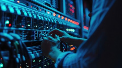 close-up of a person's hands working on a server or network equipment in a data center with blue lighting - obrazy, fototapety, plakaty