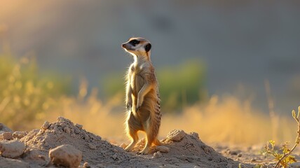 A curious meerkat stands on its hind legs, scanning the horizon with its alert eyes, AI Generative